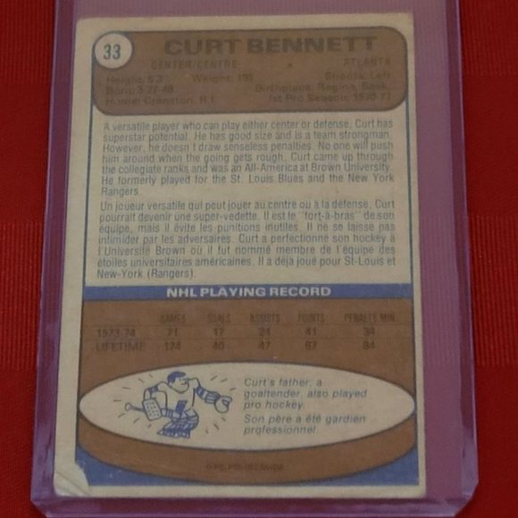 RARE, VINTAGE 1974 OPEE CHEE, CURT BENNETT ATLANTA FLAMES HOCKEY CARD!!! - Picture 2 of 2
